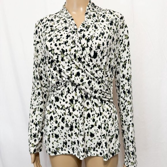 DKNY NWT Sz M Olive Multi Surplice Detailed Long Sleeve Top - Picture 9 of 10